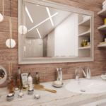 Визуализация ванной комнаты в белых тонах 8 кв.м, зеркало, золотые подвесные светильники, полки, раковина, столешница под мрамор