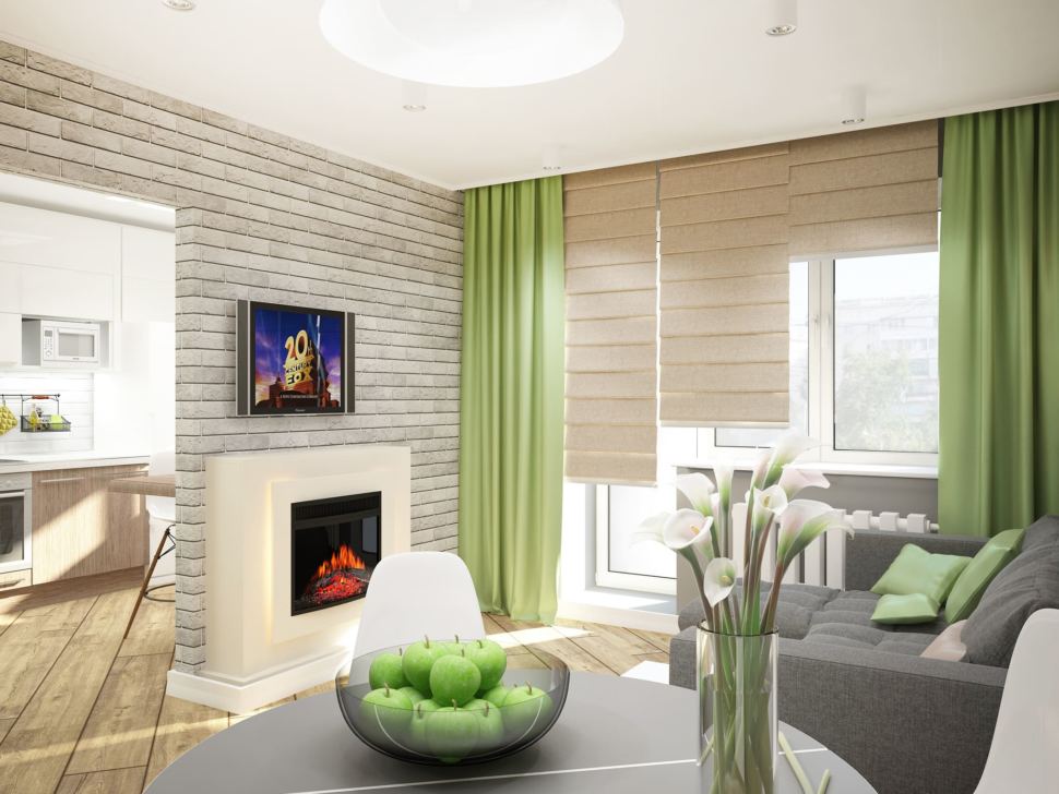 Дизайн интерьеры гостиной 20 кв.м в современном стиле с зелеными оттенками, серый диван, зеленые портьеры, белый обеденный стол