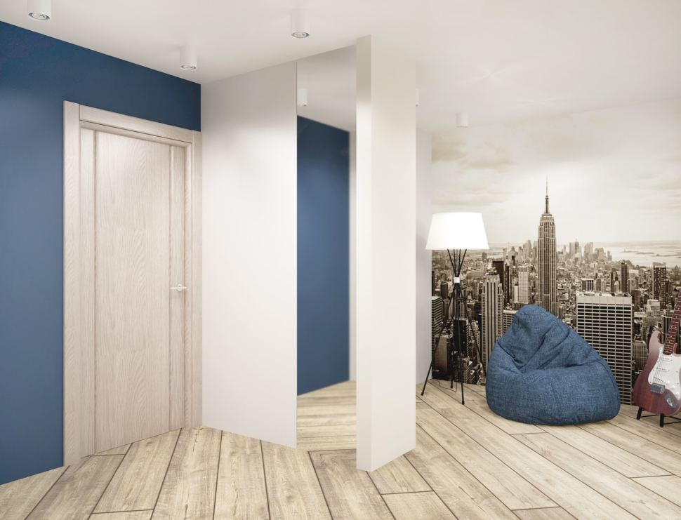 Дизайн-проект гостиной 18 кв.м с угловым диваном в теплых тонах с синими оттенками, зеркало, тумба под ТВ, синие кресло