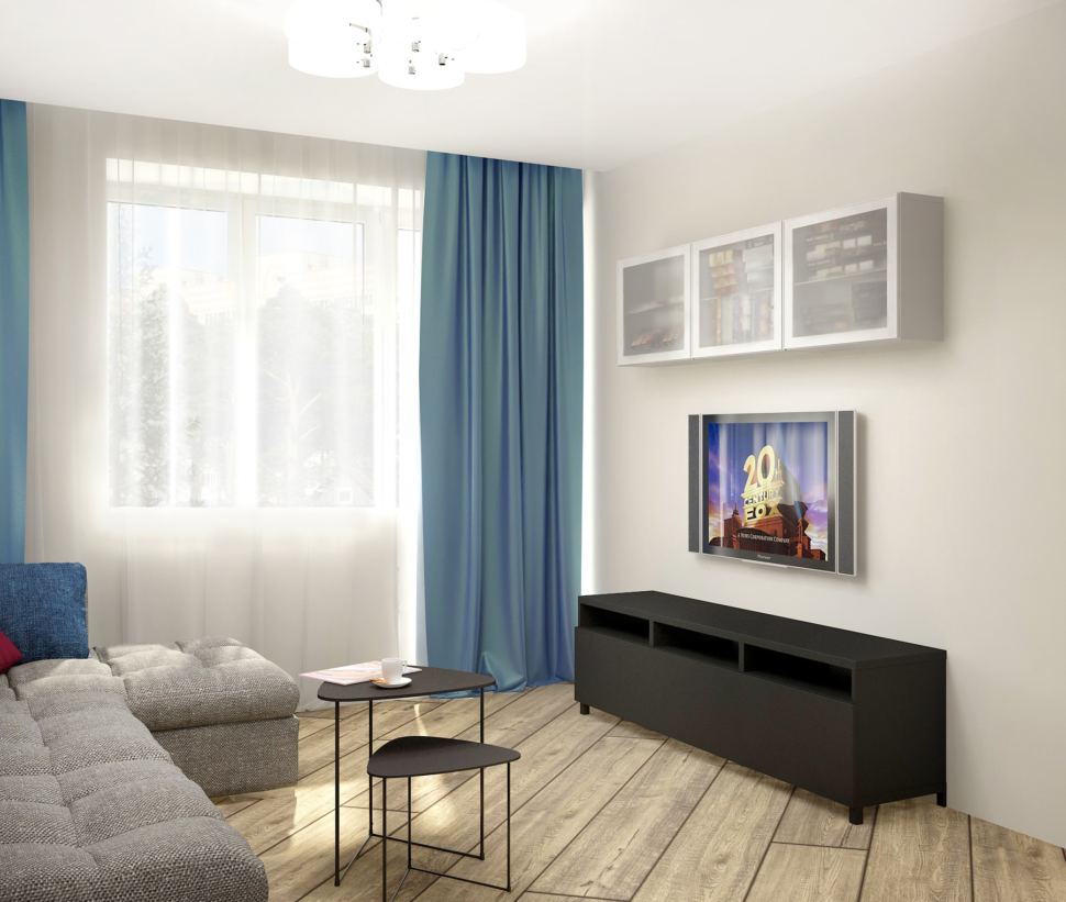 Дизайн интерьера гостиной 18 кв.м с угловым диваном в теплых тонах с синими оттенками, зеркало, тумба под ТВ