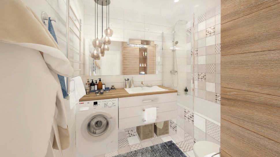 Дизайн интерьера санузла 2 кв.м совмещённого с ванной 6 кв.м со сложно-синими оттенками, стиральная машинка, бежевый шкаф, зеркало, ванная, раковина