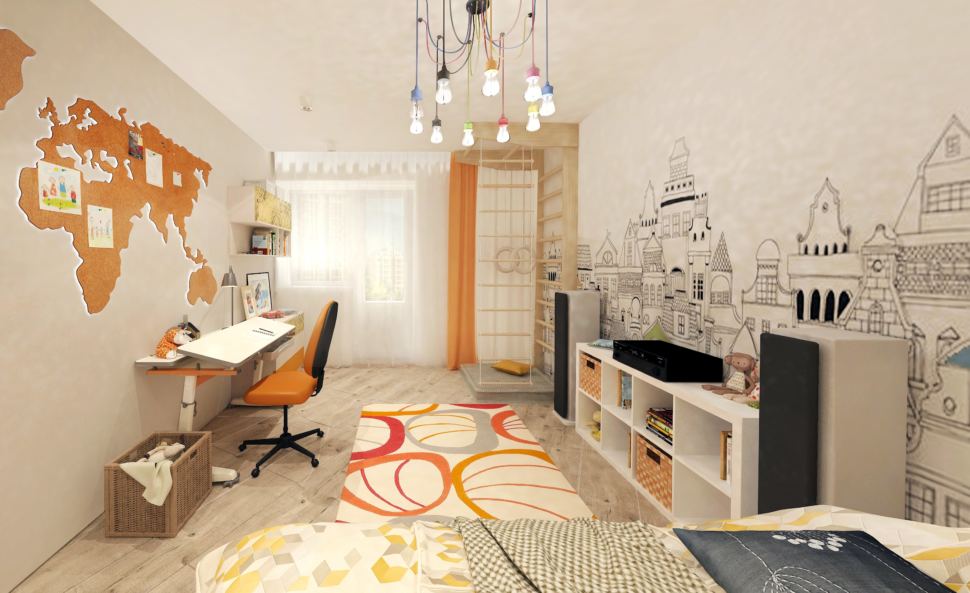 Дизайн интерьера детской комнаты с оранжевыми и бежевыми акцентами 14 кв.м, кровать, белая тумба, шведская стенка, люстра