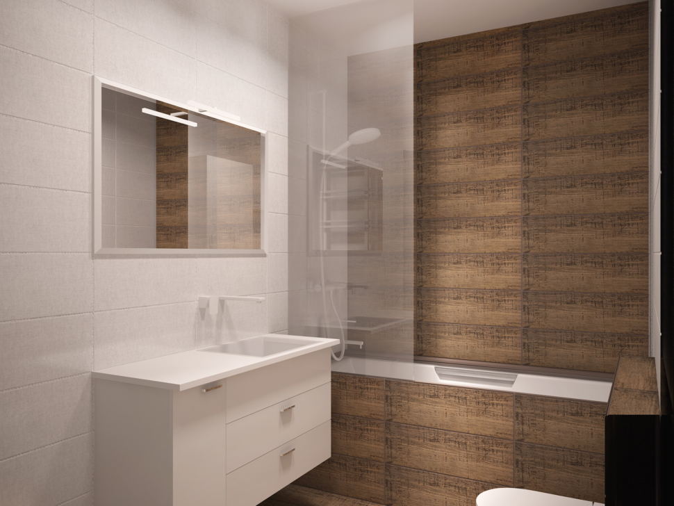 Дизайн-проект совмещённой ванной комнаты 5 кв.м с древесными оттенками, белый шкаф, белая тумба, унитаз, ванная