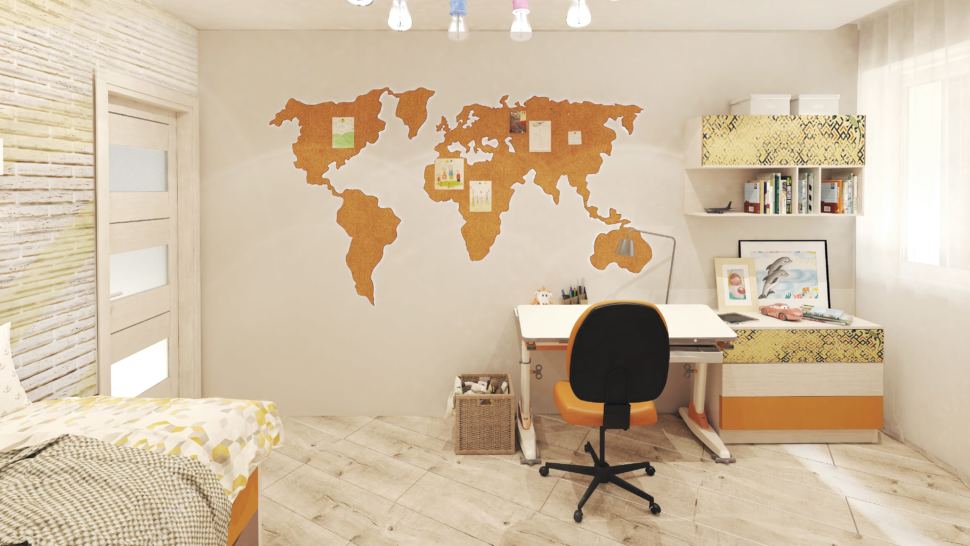Визуализация детской комнаты с оранжевыми и бежевыми акцентами 14 кв.м, рабочий стол, оранжевое офисное кресло