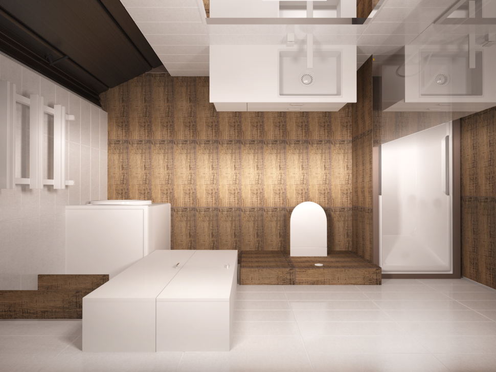 Дизайн-проект совмещённой ванной комнаты 5 кв.м с белыми оттенками, белый шкаф, белая тумба, унитаз, зеркало
