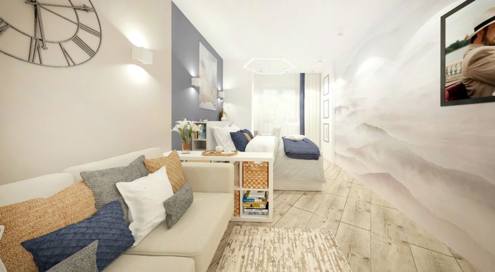Дизайн интерьера гостиной-спальни в белых тонах с синими оттенками 15 кв.м, бежевый диван, белая тумба, часы, кровать