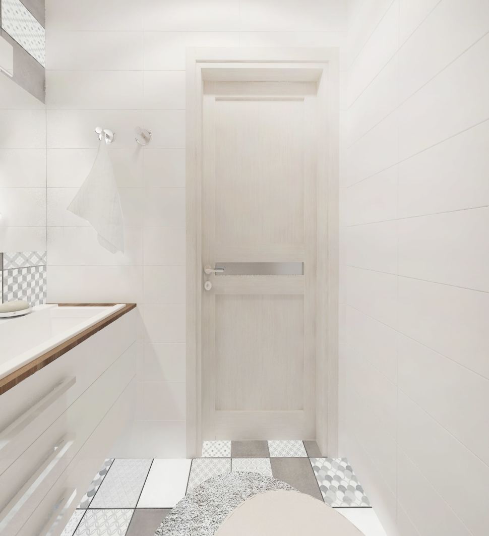 Дизайн-проект санузла 2 кв.м совмещённого с ванной 6 кв.м с бежевыми оттенками, унитаз, тумба, раковина, зеркало, плитка