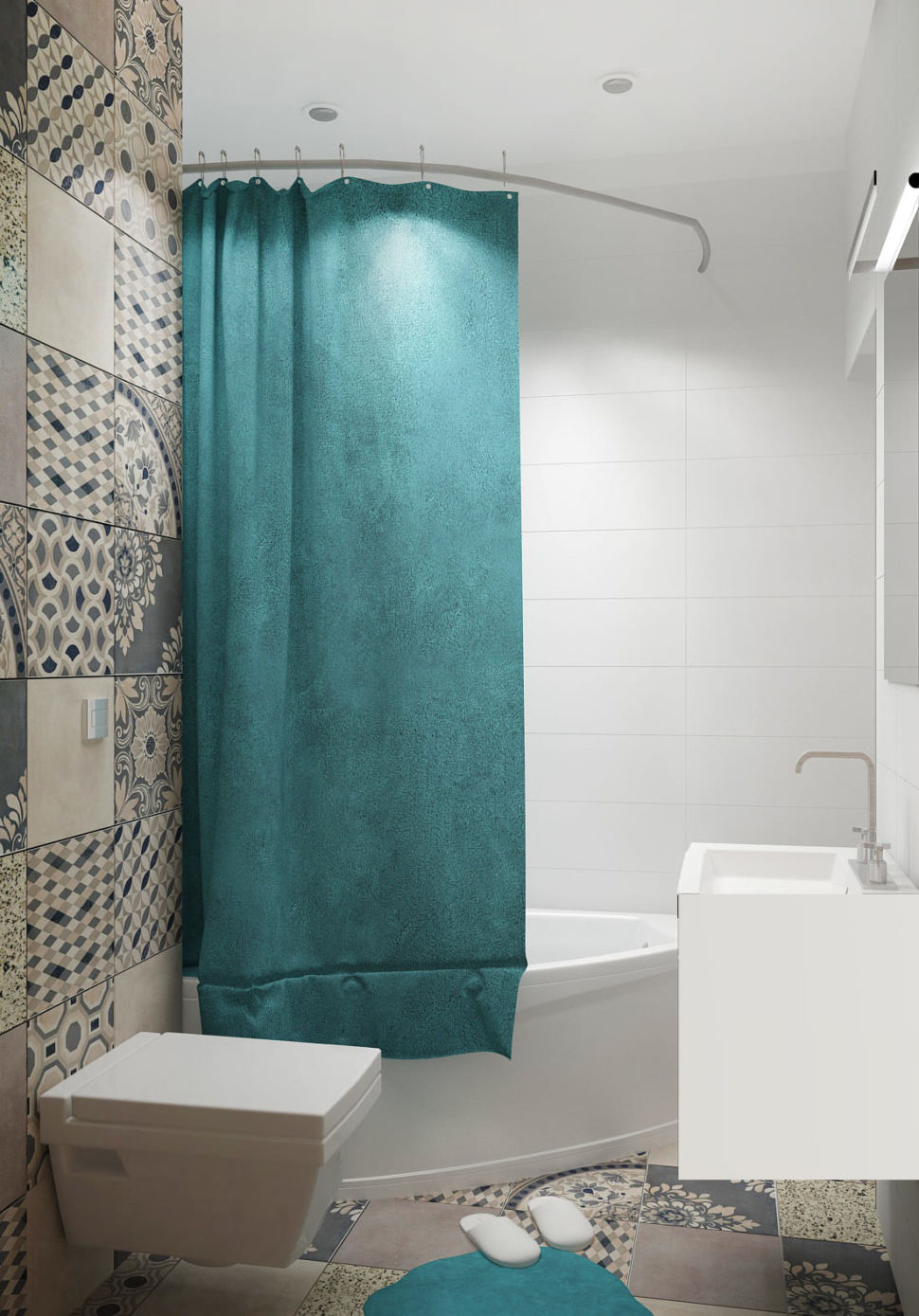 Визуализация совмещённый санузла с ванной 4 кв.м с белыми и серыми оттенками, ванная, зеркало, серая геометрическая плитка, унитаз