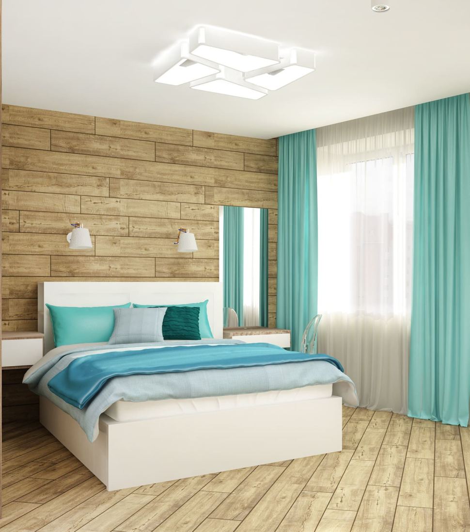 Дизайн спальни 33 кв.м с бирюзовыми тонами, белая кровать, зеркало, прикроватная тумба, бирюзовые портьеры