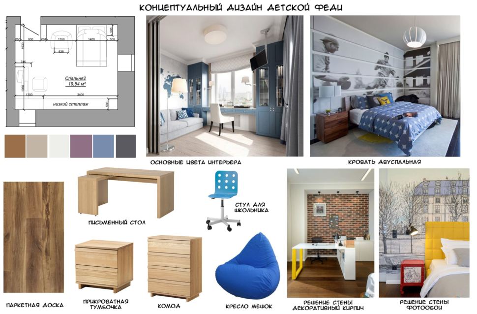 Концептуальный дизайн детской комнаты для мальчика 20 кв.м в коттедже с бежевыми оттенками, письменный стол, прикроватная тумбочка, паркетная доска