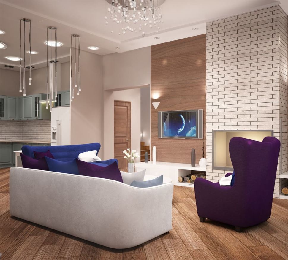 Визуализация гостиной 27 кв.м в теплых тонах, диван, люстра, камин, фиолетовое кресло