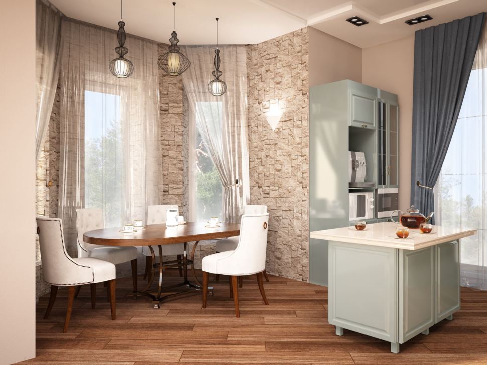Дизайн интерьера кухни-гостиной 27 кв.м в коттедже с древесными тонами , бирюзовый кухонный гарнитур, кухонный остров,обеденный стол 