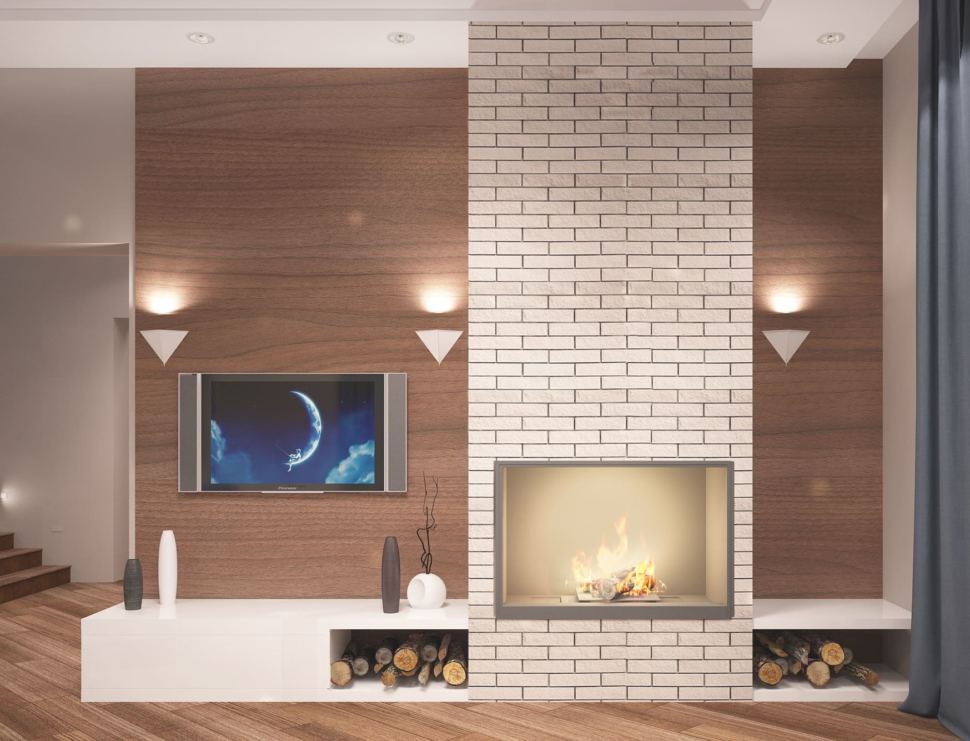 Дизайн-проект кухни-гостиной 27 кв.м в коттедже с древесными тонами, белый диван, синий диван,журнальный столик, телевизор, люстра