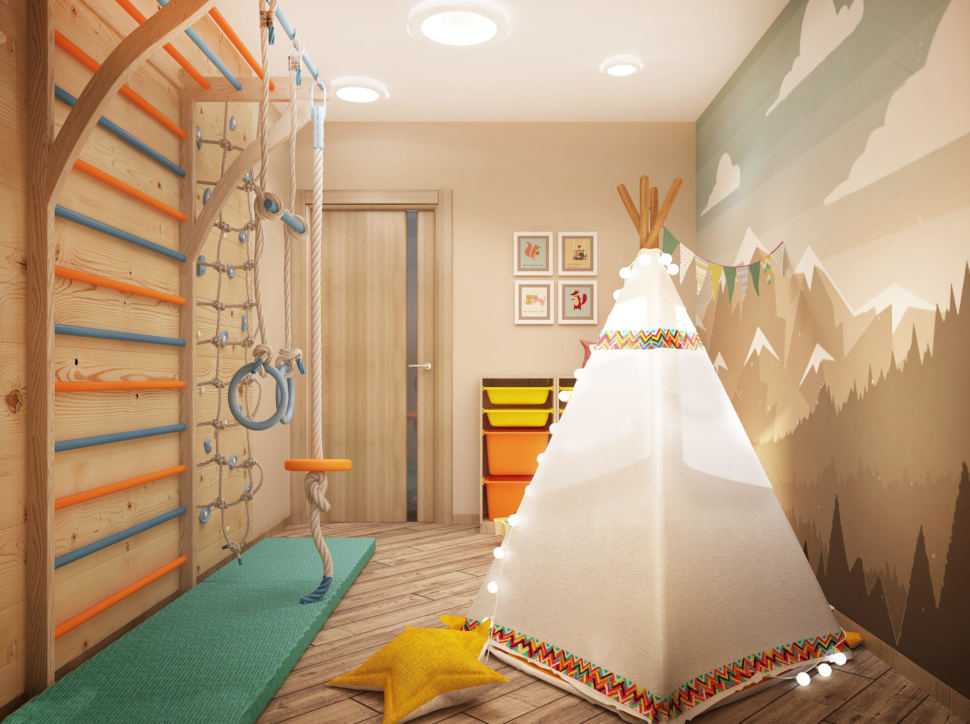 Дизайн-проект детской игровой комнаты 9 кв.м с бежевыми оттенками, шведская стенка, кресло мешок, декор, вигвам