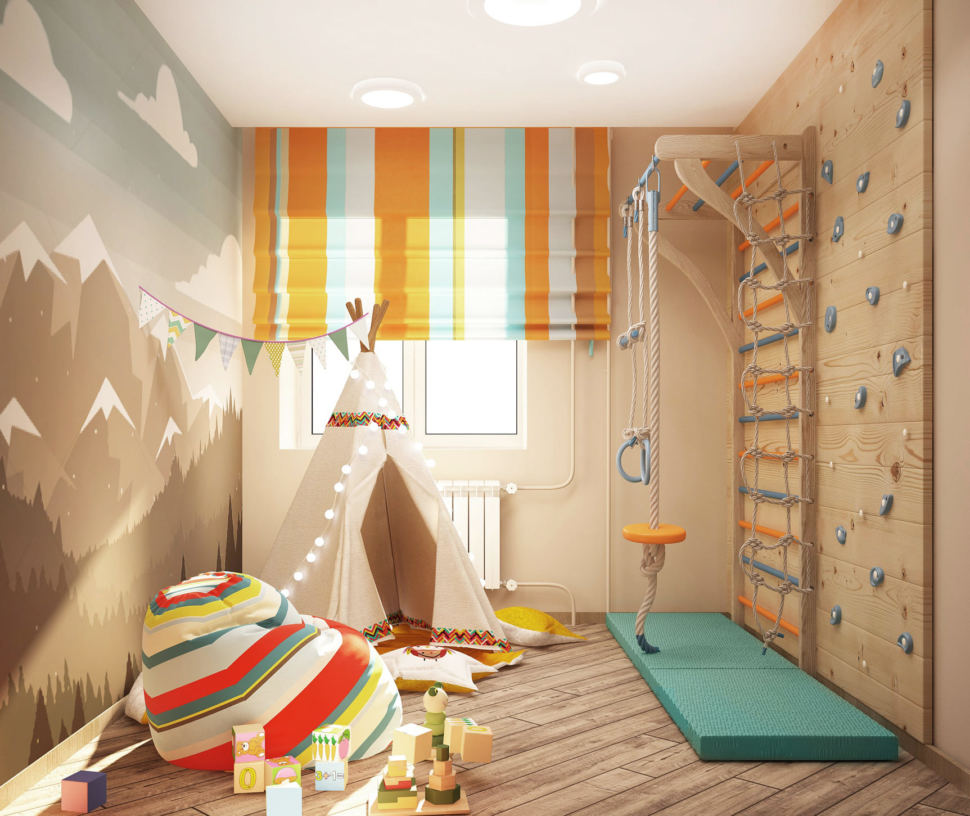 Дизайн-проект детской игровой комнаты 9 кв.м с древесными оттенками, шведская стенка, кресло мешок, вигвам, декор