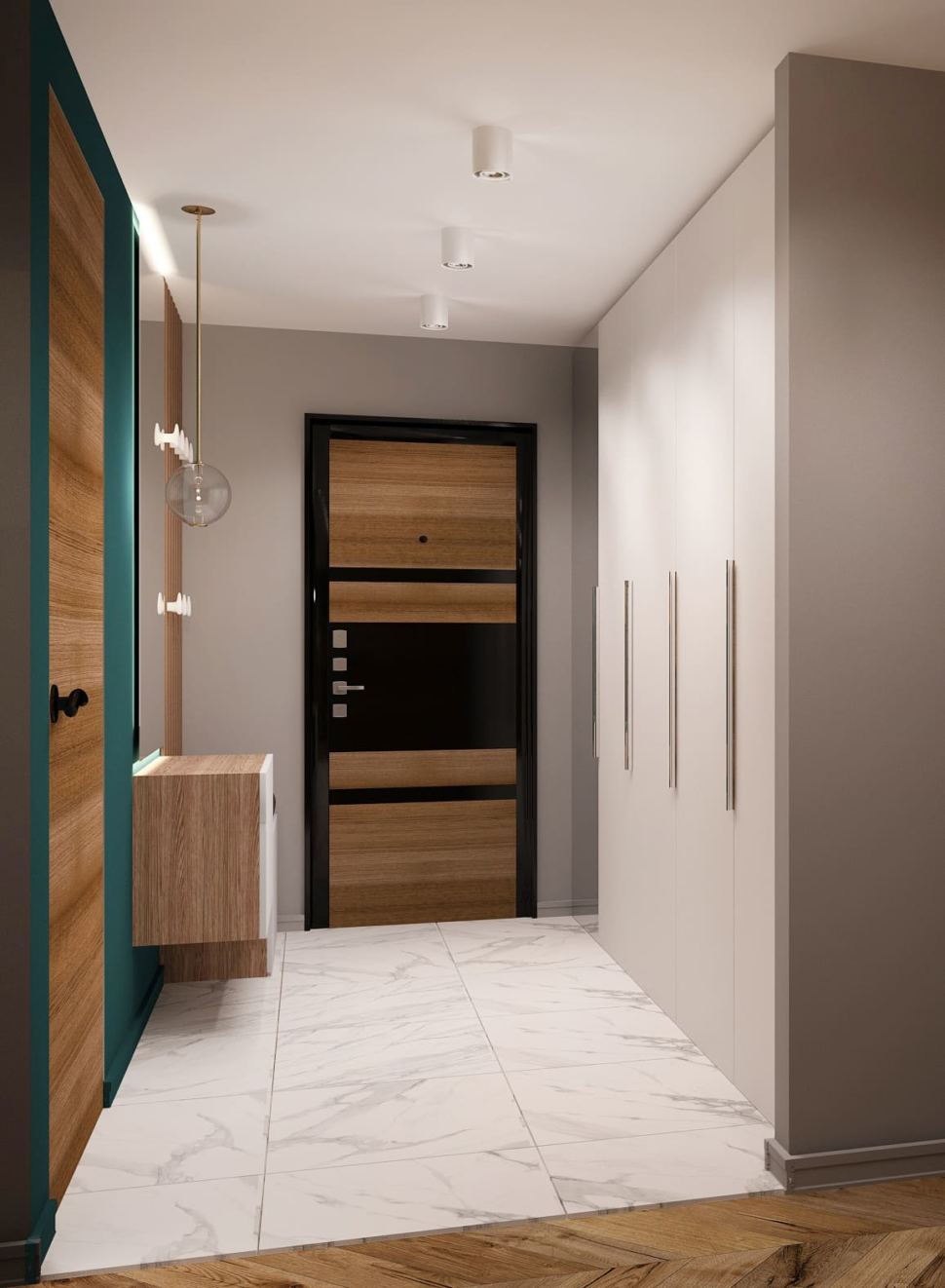 Дизайн-проект прихожей 7 кв.м и коридора 6 кв.м в современном лофте с древесными и серыми оттенками, зеркало, подвесной светильник, белая скамья