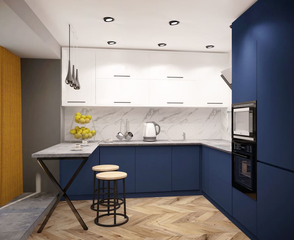 Визуализация кухни 14 кв.м в синих тонах с черными оттенками, светильник, желтые шторы, вытяжка, плита, синий кухонный гарнитур