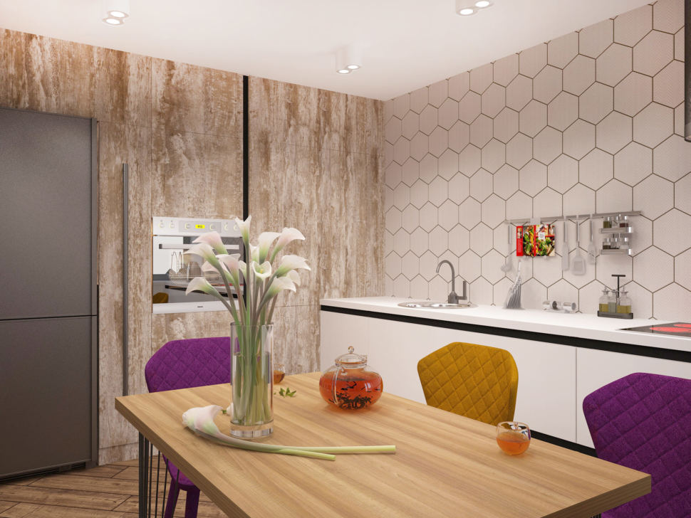 Дизайн-проект кухни-гостиной 33 кв.м в 3-х комнатной квартире в древесных тонах в сочетании с акцентными горчичными оттенками, обеденный стол