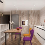 Визуализация кухни-гостиной в древесных тонах 33 кв.м, обеденный стол, фиолетовый стул, белый кухонный гарнитур, холодильник, духовой шкаф