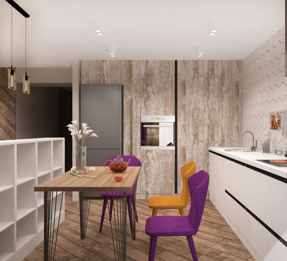 Дизайн интерьера кухни-гостиной 33 кв.м в 3-х комнатной квартире в молочных тонах в сочетании с акцентными горчичными оттенками, обеденный стол, холодильник