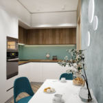 Дизайн-проект кухни-гостиной в серых тонах 12 кв.м, белый обеденный стол, бирюзовые стулья, белый кухонный гарнитур