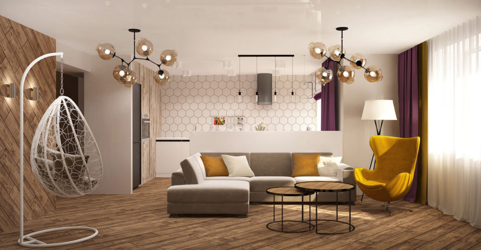 Дизайн-проект кухни-гостиной 33 кв.м в 3-х комнатной квартире в древесных тонах в сочетании с акцентными горчичными оттенками, журнальный столик, желтое кресло