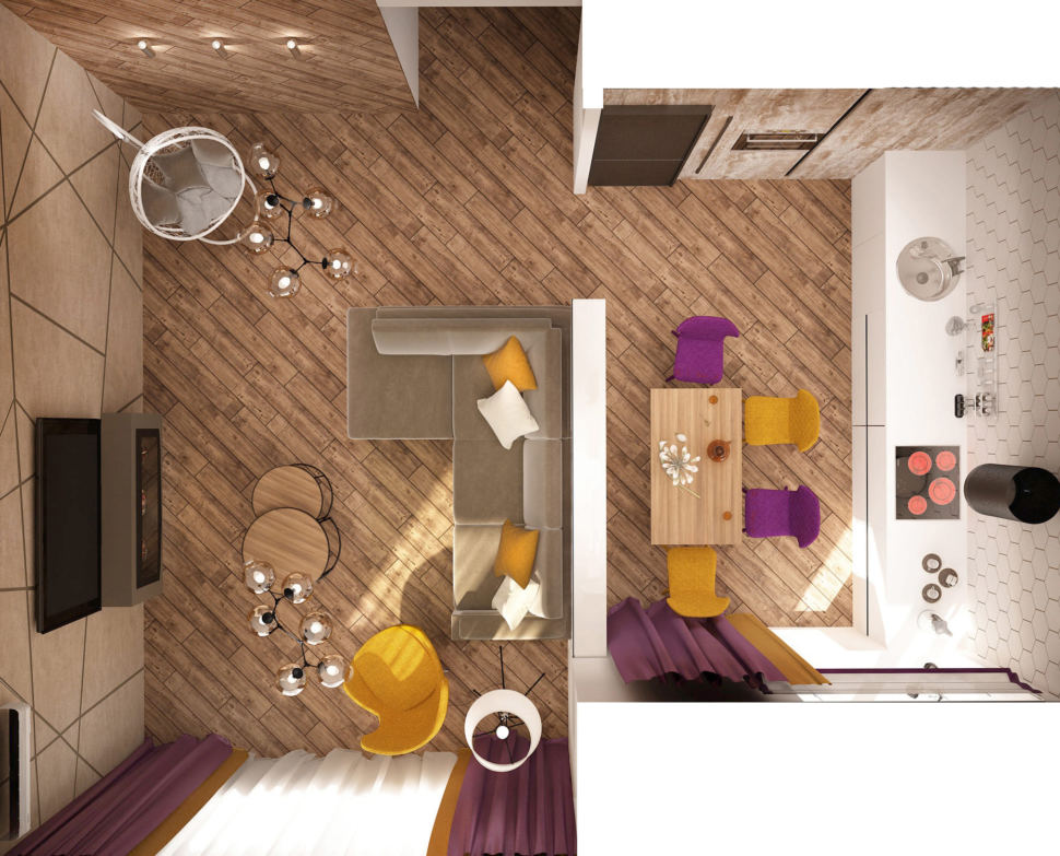 Дизайн интерьера кухни-гостиной 33 кв.м в 3-х комнатной квартире в молочных тонах в сочетании с акцентными сиреневыми оттенками, камин