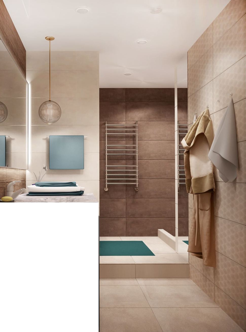 Визуализация ванной 7 кв.м в древесных тонах с бежевыми оттенками, зеркало, бежевая тумба, сушилка, раковина, подвесной светильник, ванная