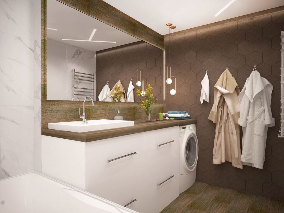 Дизайн-проект ванной 6 кв.м с древесными оттенками, ванная, белая тумба, раковина, стиральная машинка, подвесной светильник, зеркало
