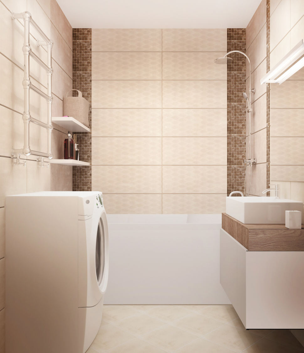 Визуализация ванной комнаты в белых тонах 3 кв.м, стиральная машинка, полки, белая подвесная полка, раковина, зеркало, плитка