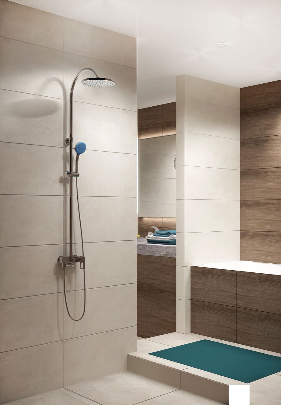 Дизайн интерьера ванной 7 кв.м в древесных тонах с бежевыми оттенками, зеркало, бежевая тумба, сушилка, раковина, подвесной светильник