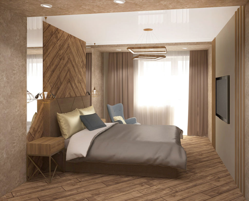 Дизайн интерьера спальни 17 кв.м в 3-х комнатной квартире с белыми и медно-золотистыми оттенками, кровать, голубое кресло, белый шкаф