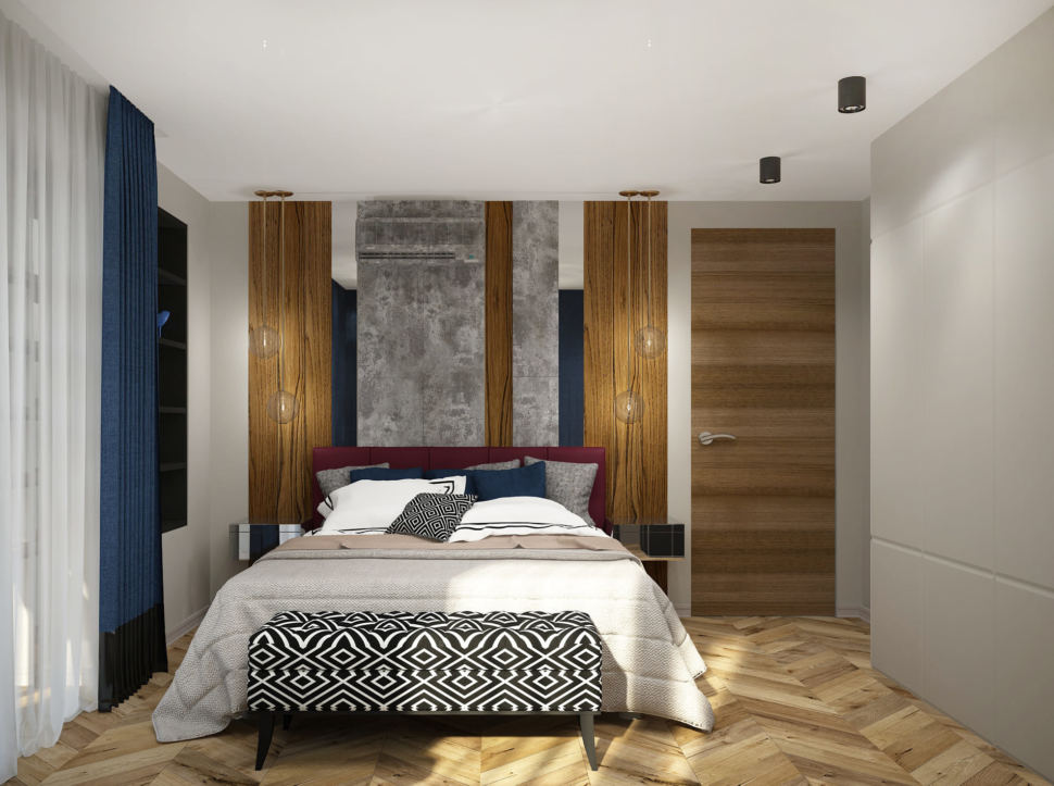 Дизайн интерьера спальни 16 кв.м в 4-х комнатной квартире с молочными оттенками, банкетка, бордовое кресло, синие портьеры, белый шкаф