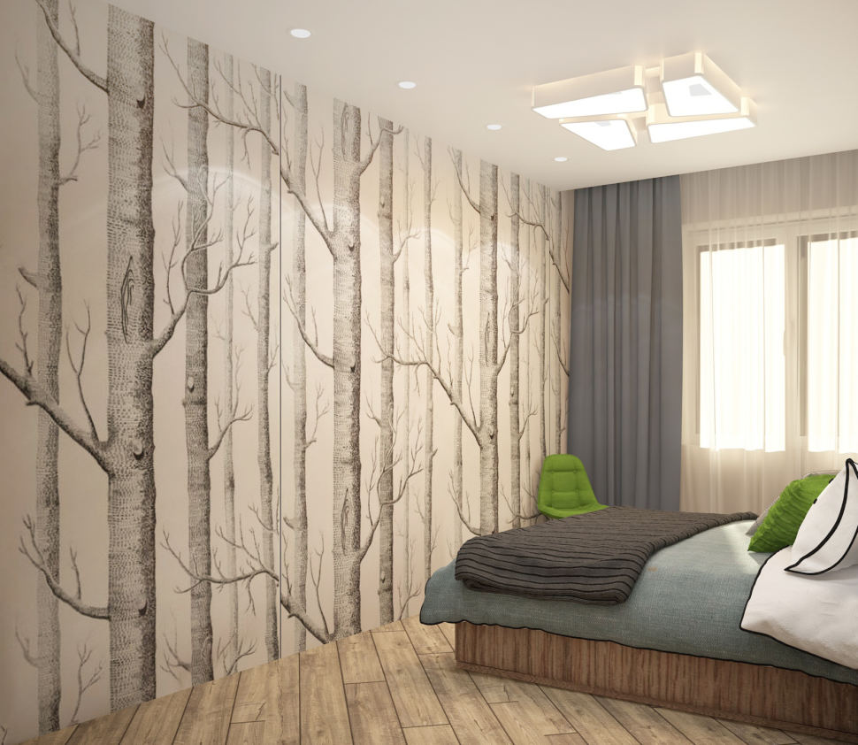 Дизайн-проект спальни в теплых тонах 12 кв.м, фотообои, зеленый стул, двухместная кровать под дерево, люстра, бежевый ламинат