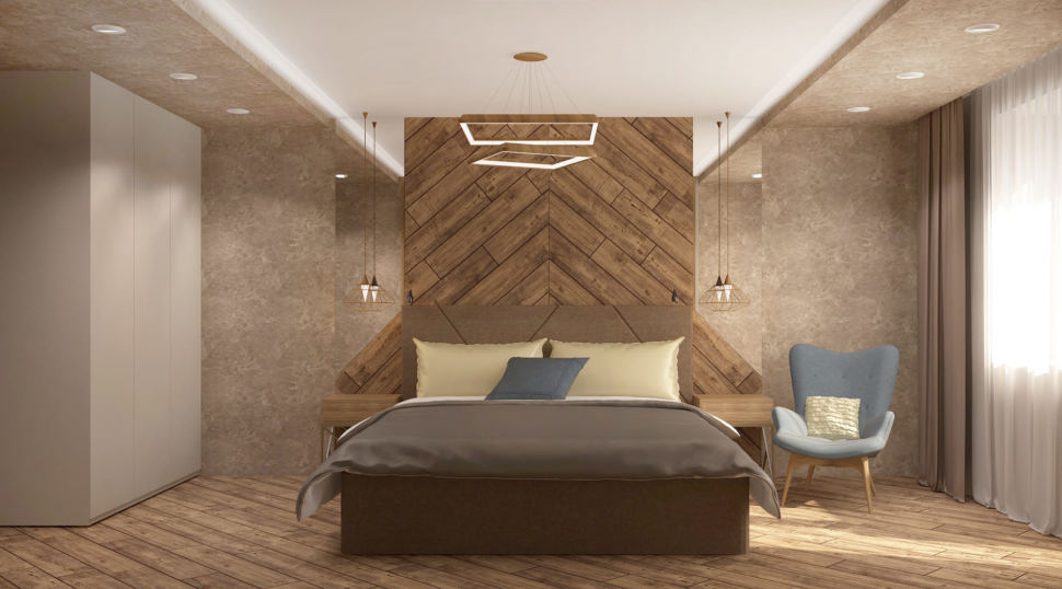 Дизайн интерьера спальни в серых тонах 17 кв.м, кровать, голубое кресло, прикроватные тумбочки, белый шкаф, золотые подвесные светильники