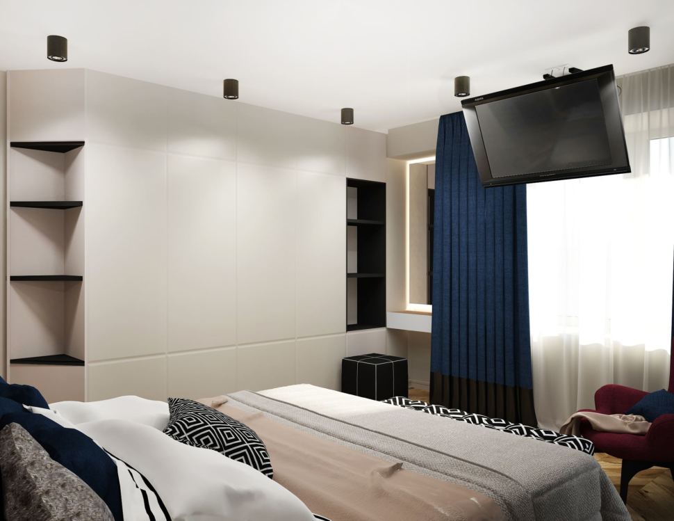 Дизайн интерьера спальни 16 кв.м в 4-х комнатной квартире со бордовыми оттенками, банкетка, бордовое кресло, синие портьеры, кровать, белый шкаф