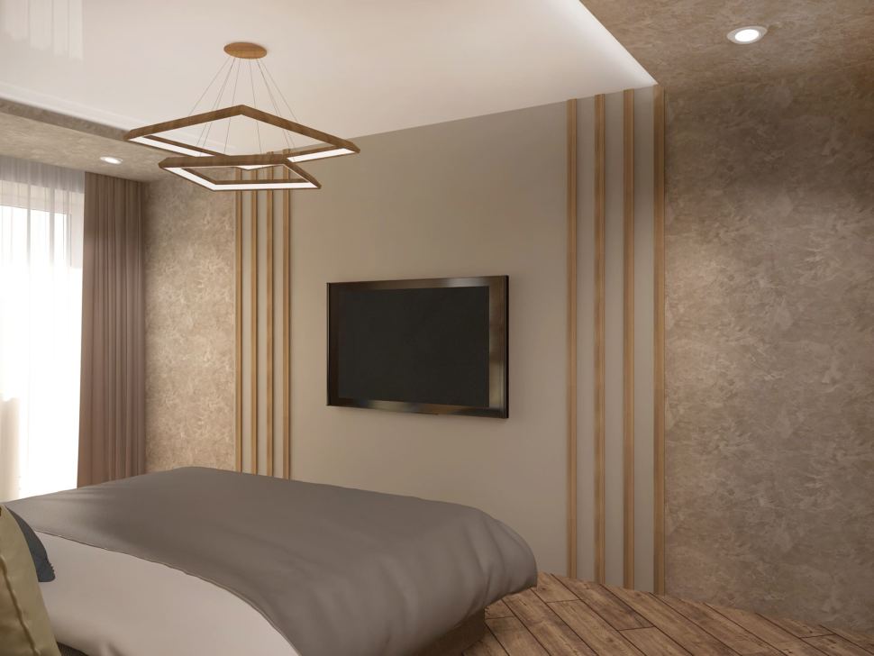 Визуализация спальни 17 кв.м в 3-х комнатной квартире с древесными оттенками, кровать, голубое кресло, белый шкаф, прикроватные тумбочки, телевизор, люстра