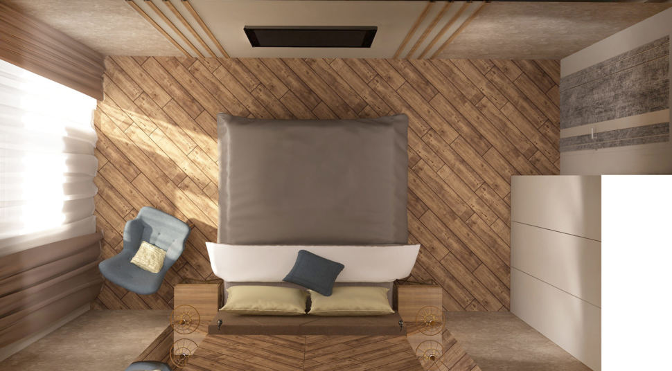 Дизайн-проект спальни 17 кв.м в 3-х комнатной квартире с молочными оттенками, кровать, голубое кресло, белый шкаф, телевизор, люстра