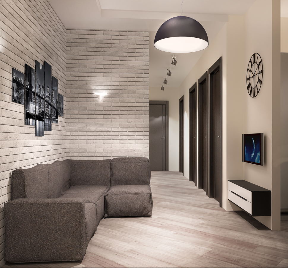 Проект кухни- гостиной 16 кв.м в светлых тонах с акцентами, серый диван, элементы декора, подвесная люстра, пвх плитка
