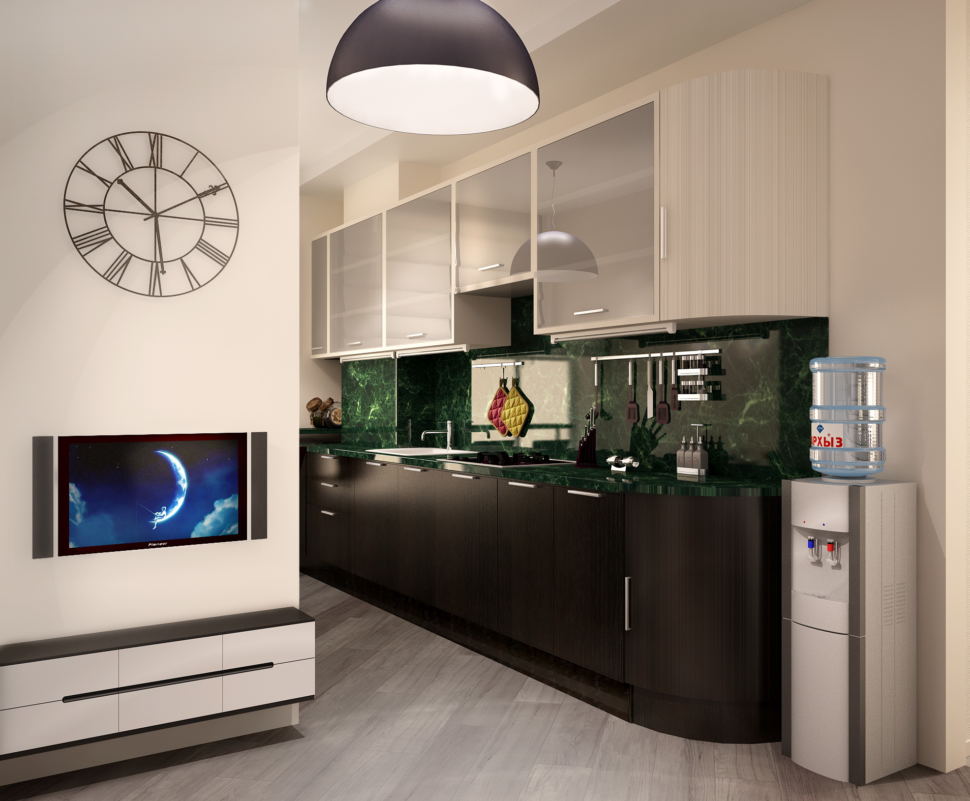 Визуализация кухни- гостиной в светлых тонах с акцентами, темный кухонный гарнитур, барная стойка, стол