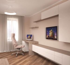 Дизайн гостиной 24 кв.м в красных и белых тонах, белая тумба под ТВ, рабочий стол, кресло, светильники 