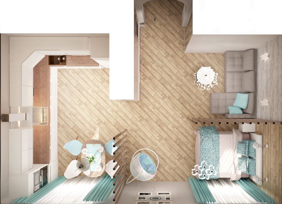 Дизайн спальни-гостиной 22 кв.м в песочных тонах с бирюзовыми оттенками, серый диван, кровать, кресло, перегородка, стол, кухонный гарнитур