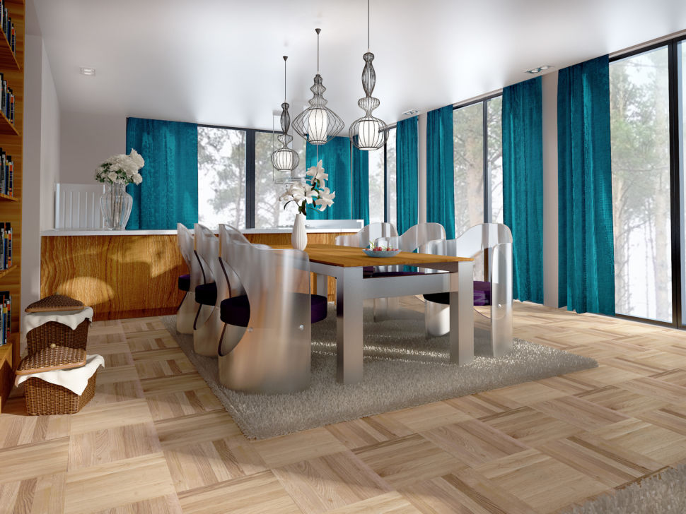 Дизайн гостиной 56 кв.м в бежевых тонах с яркими бирюзовыми портьерами, обеденный стол, дизайнерские стулья, подвесные светильники,, серый ковер