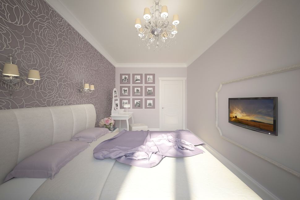 Дизайн спальни 16 кв.м в серых тонах, кровать, текстиль, прикроватная тумба, обои, телевизор