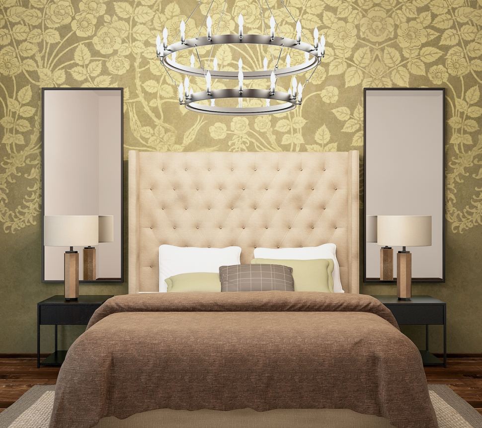 Дизайн-проект спальни 18 кв.м в спокойных тонах,подвесная люстра, кровать, обои, бежевый текстиль, прикроватная тумба, зеркало