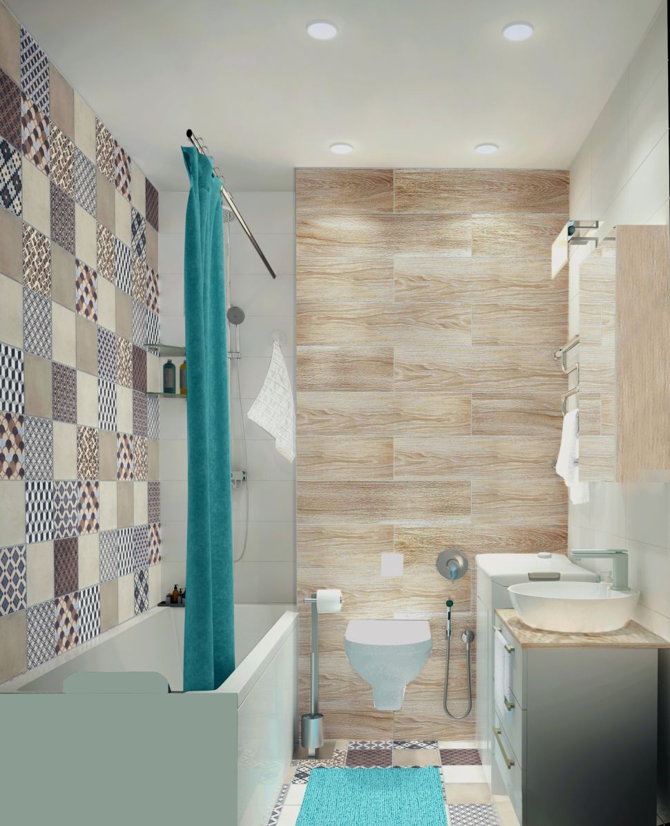 Интерьер ванной комнаты 3 кв.м. в светлых тонах, мойка, гигиенический душ, унитаз, плитка керамическая, орнамент