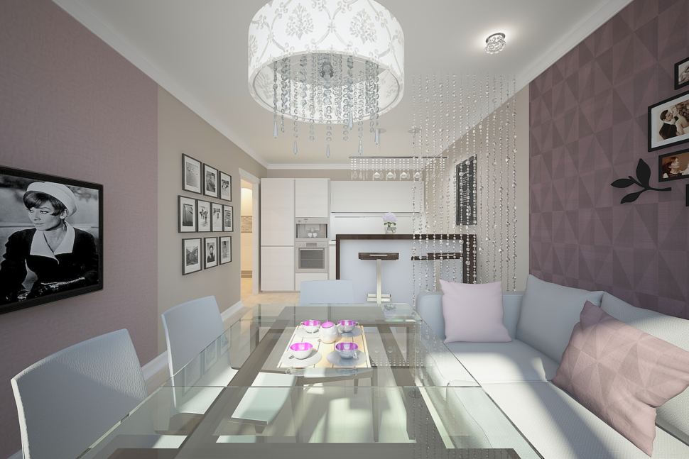 Дизайн комнаты 30 кв.м в бежевых тонах с нежно-фиолетовыми акцентами, серый диван, обеденные стулья, барная стойка, люстра
