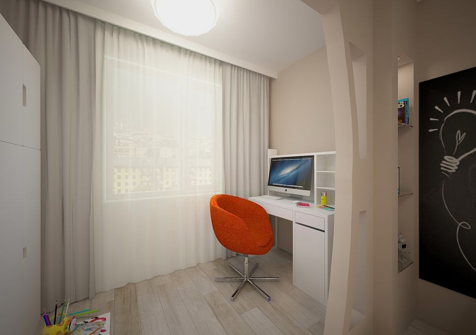 Визуализация детской 16 кв.м с яркими акцентами, серые портьеры, декоративная перегородка, оранжевый стул, компьютерный стол