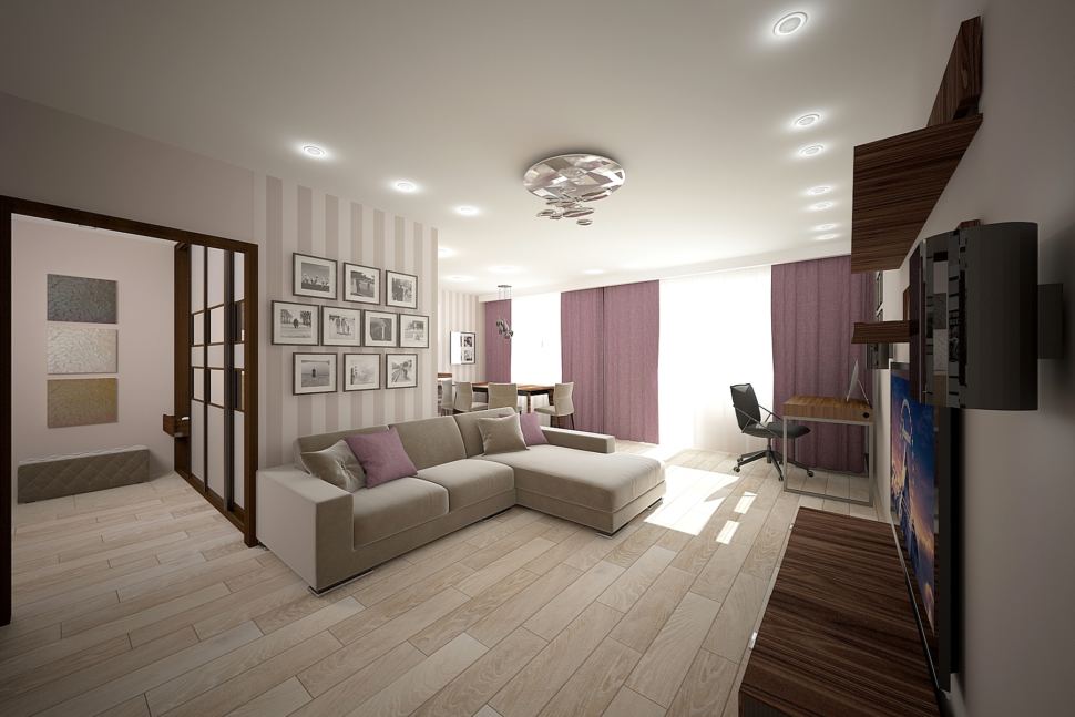 Дизайн гостиной 32 кв.м в бежевых тонах с акцентами, фиолетовые портьеры, светлый диван, фотографии, обои, стол, стул
