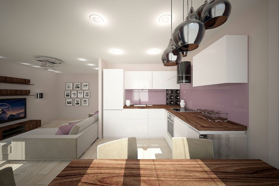 Проект кухни 32 кв.м в бежевых тонах с  акцентами, белый кухонный гарнитур, подвесные светильники, гостиная